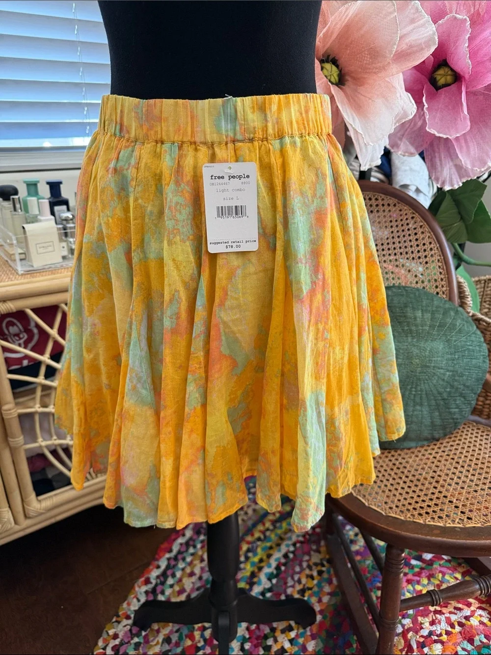 NWT Free People Sunny Goldenrod Tie Dye Pleat Garden Cottage Brunch Mini Skirt